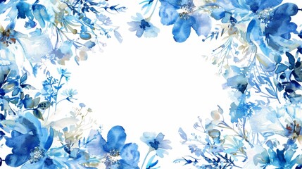 watercolor blue and white floral frame, small central composition in the style of clipart on a clean background.