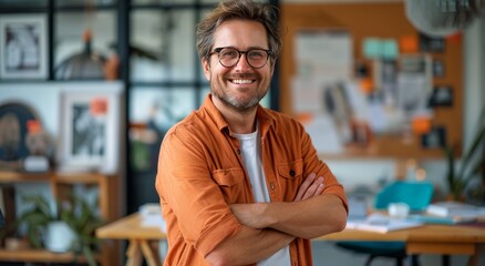 Obraz premium Man in Orange Shirt Standing With Arms Crossed