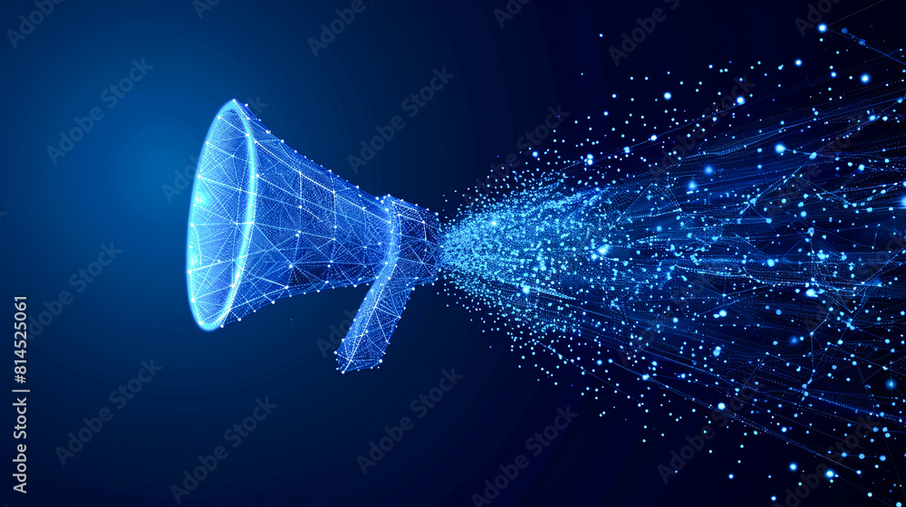 Poster megaphone with glowing lines and particles. abstract vector illustration.