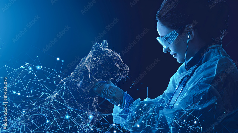Poster young woman scientist in laboratory working with virtual screen. 3d rendering