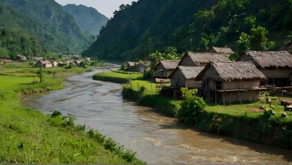 Fototapeta na wymiar Village in the rivers