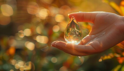 A symbolic image of a hand holding a water drop with the Earth reflected in it, emphasizing themes of environmental conservation and sustainability