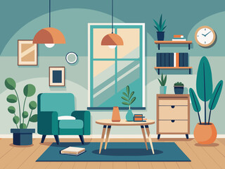 Living room interior. Comfortable sofa, window, chair, lamp, drawer and house plants. Vector flat illustration