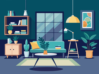 Living room interior. Comfortable sofa, window, chair, lamp, drawer and house plants. Vector flat illustration