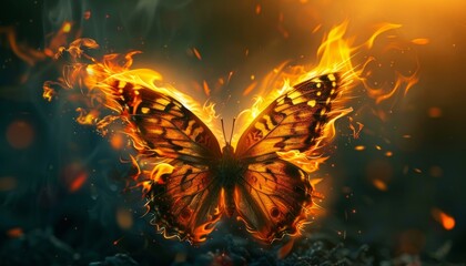 A visually striking image of a butterfly on fire, representing transformation or danger in a dramatic and artistic way