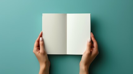 Hands of a woman holding an open book on a blue background