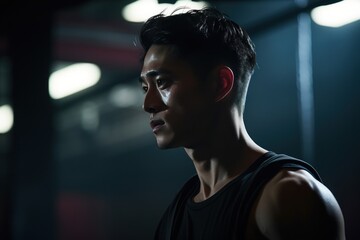 Portrait of an asian sport man in dark gym. smiling man in practice room. active korean man in sportswear