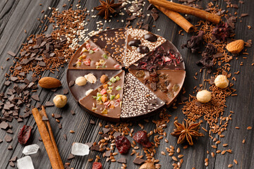 Chocolate pizza on ? wooden background