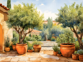 Fototapeta premium Watercolor illustration of a mediterranean terrace with plants and trees in terracotta pots&nbsp;