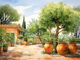 Fototapeta premium Watercolor illustration of a mediterranean terrace with plants and trees in terracotta pots&nbsp;
