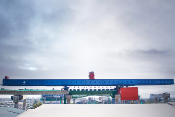 Creative the transportation building the highway road, bridge, and heavy equipment.