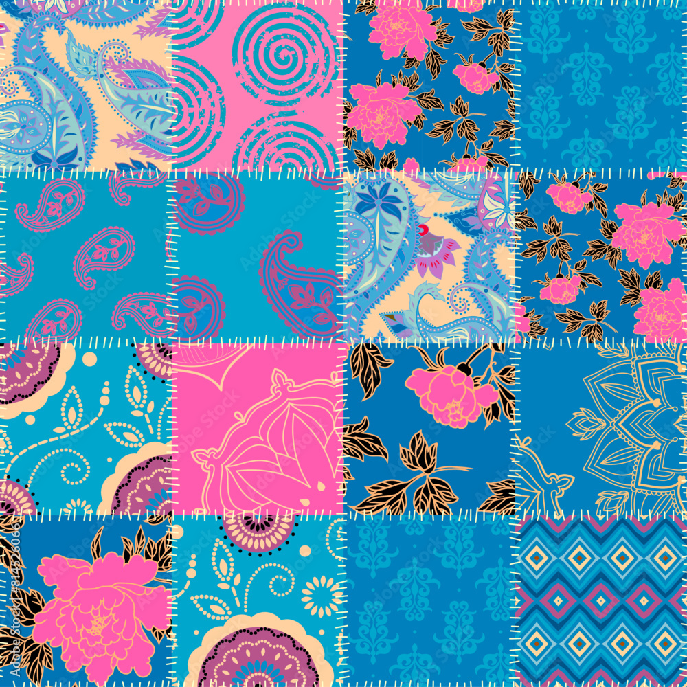 Poster Quilting design patchwork plaid pattern pink colours. Vector pattern.
