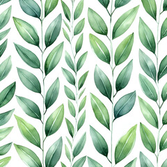 Abstract seamless pattern with green watercolor leaves on white background 