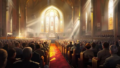 A concept of people engaging in online church services, reflecting the integration of faith, worship, and technology in modern religious practices