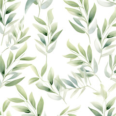 Fototapeta premium Abstract seamless pattern with green watercolor leaves on white background 