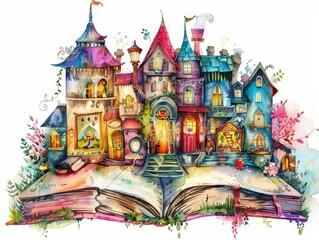 A cute watercolor of a whimsical toy factory where enchanted toys come to life at midnight
