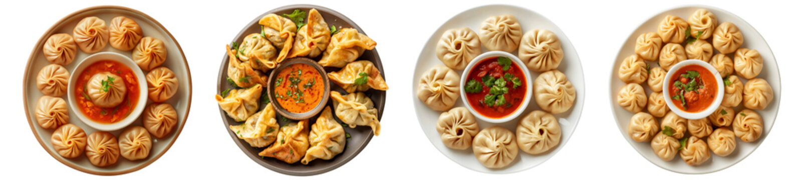 Momos dumplings with small bowl of sauce, in the plate, isolated transparent PNG, Indian, Nepal local traditional food, Cuisine
