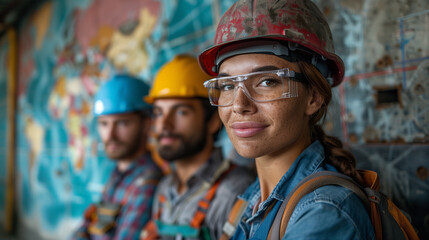 Employees from Different Cultures - A group of port employees from various countries discussing and cooperating on logistical planning, with a world map in the background. 