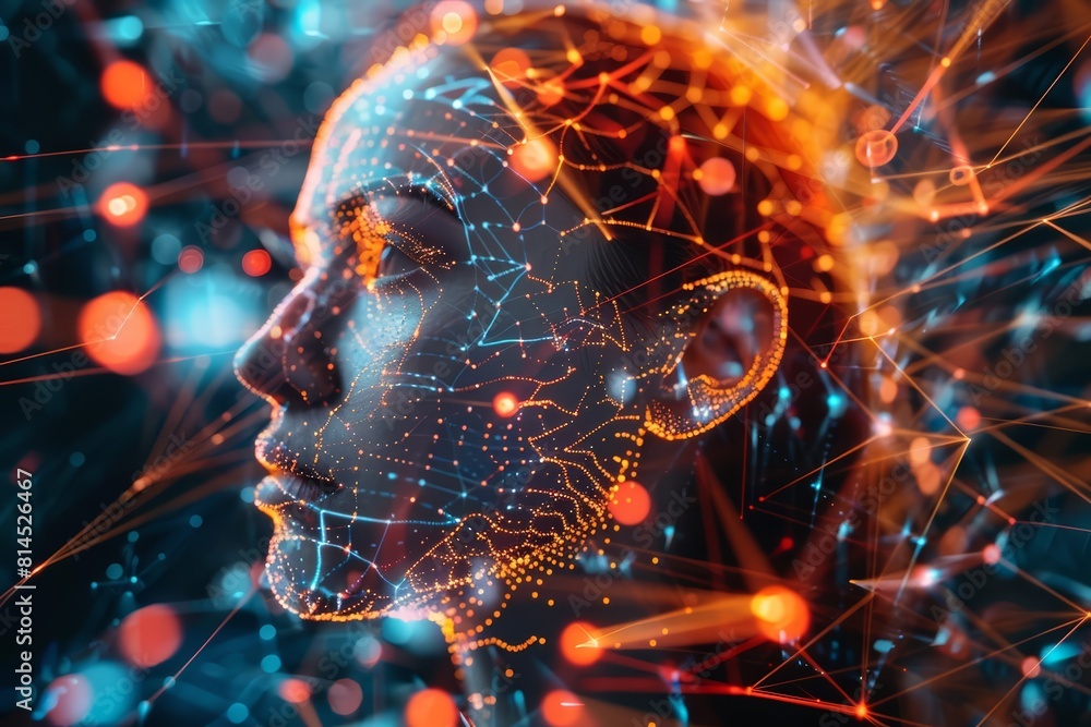 Poster a half body shot with face of a braincomputer interface specialist, displaying holographic neural ne
