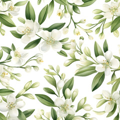 Obraz premium Abstract pattern with white flowers and green leaves on white background 