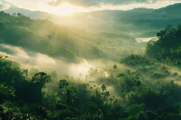 Sunrise Mist Over Lush Tropical Valley