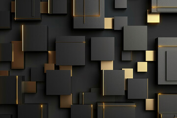 Abstract dark geometric luxurious noble gold black 3d texture wall with squares and rectangles background banner illustration 