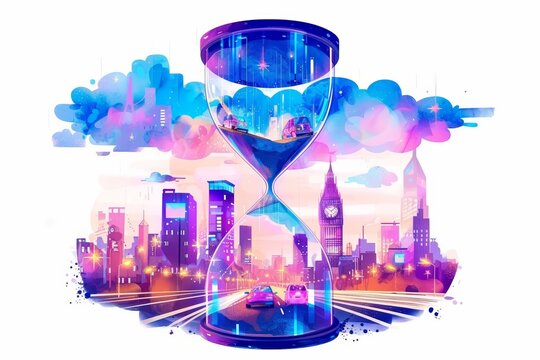 recommend clip art: A kawaii watercolor of a bustling cityscape at dusk where cloudshaped vehicles float gracefully above glowing streets