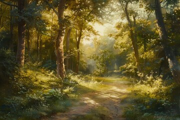 Obraz premium Golden Sunlight Filtering Through Forest Canopy