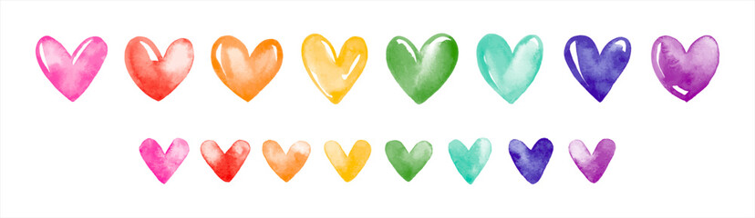 Watercolor colorful lgbt hearts set, collection. Painted Gay pride month watercolour illustration, border. Gilbert Baker pride flag colors. Hand drawn doodle heart shapes, artistic aquarelle stains