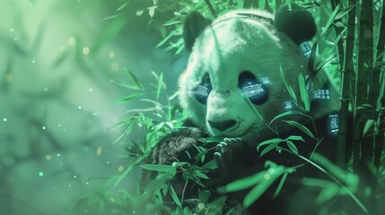 A robotic panda leisurely eating engineered bamboo in a hightech zoo enclosure, its eyes displaying data screens, set against a backdrop of softfocus greenery and futuristic colors