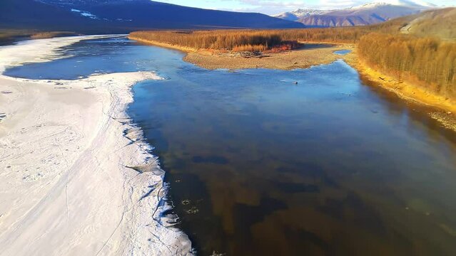 Ice drift on the Yakut river in spring from a drone