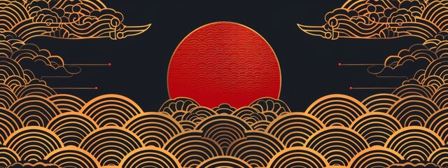 chinese style pattern background, red and gold lines, simple Chinese wave texture pattern with circular auspicious cloud decoration in the center of the screen.