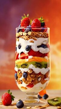 A glass of fruit parfait And chocolate ice cream