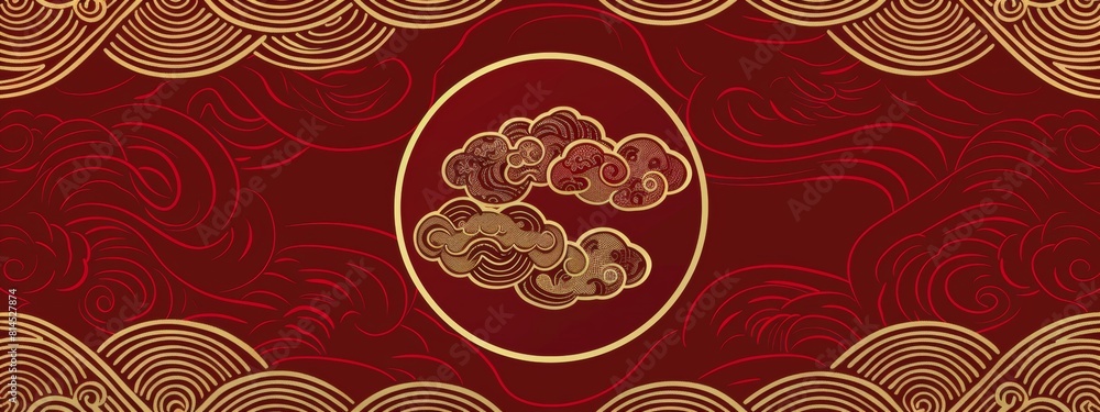 Poster chinese style pattern background, red and gold lines, simple chinese wave texture pattern with circu
