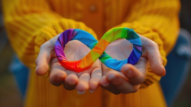 World autism awareness day concept, Colorful autism infinity rainbow symbol sign in outstretched woman hands, Autism rights movement, Autism acceptance movement. - Powered by Adobe