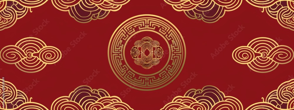 Poster chinese style pattern background, red and gold lines, simple chinese wave texture pattern with circu