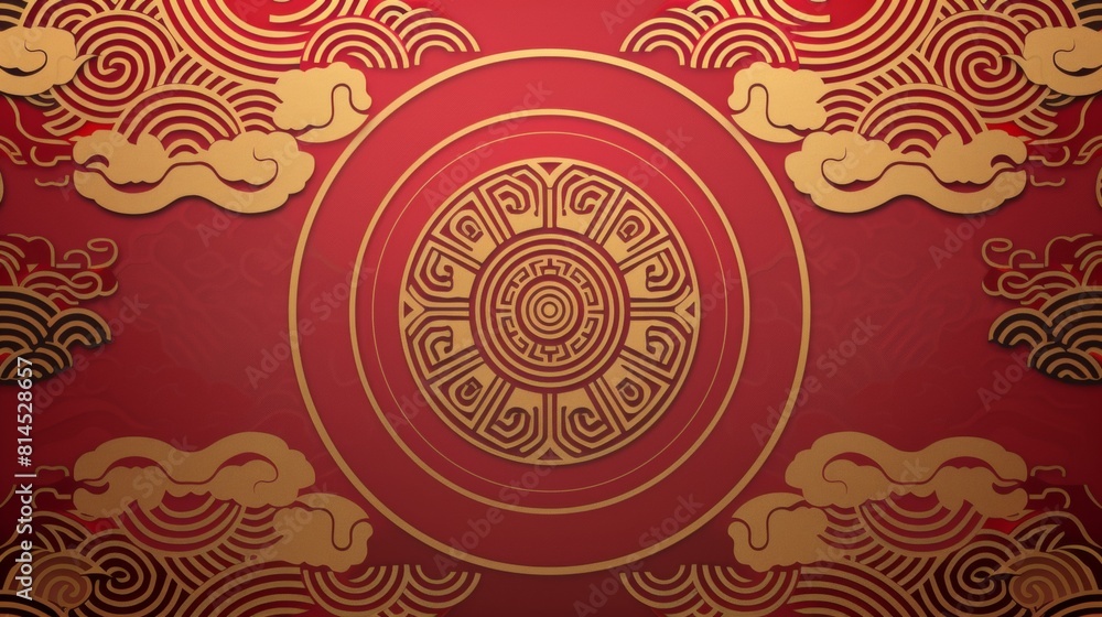 Poster chinese style pattern background, red and gold lines, simple chinese wave texture pattern with circu