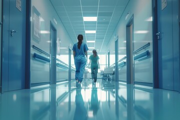 Fototapeta premium A woman and child walking down a hospital hallway. Suitable for medical and healthcare concepts