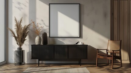 black wooden sideboard sits in the middle of an empty room with white wall