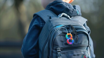 Teenage boy with autism infinity rainbow symbol sign metallic pin brooch on gray backpack. Autism rights movement, Autism acceptance movement.