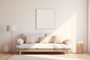 A white couch sits in a room with a white wall and a wooden coffee table