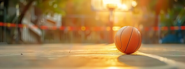 A basket ball on an amazing empty basketball court with blurred light backround.