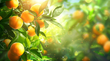Luscious fruits and green leaves in a tangerine colored sunlit garden Citrus fruits that are ripening in a mandarin orchard Background