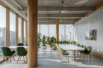 Long Table With Green Chairs in a Large Room