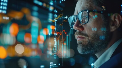 A businessman immersed in financial analysis, utilizing augmented reality technology to visualize and interpret the company's balance sheet, enhancing strategic planning efforts. 