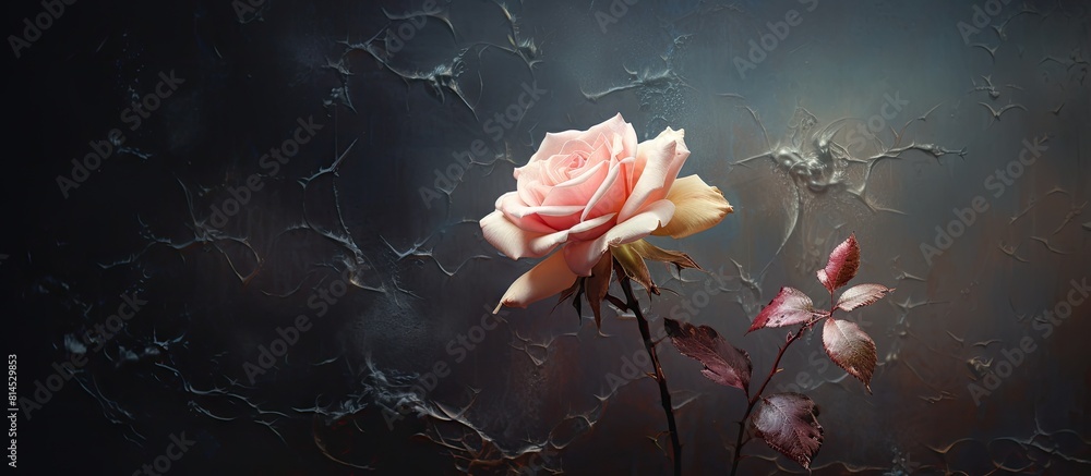 Poster A vibrant vintage style painting of a solitary rose blossom in soft pastel hues set against a black backdrop with intricate textures creating a captivating copy space image
