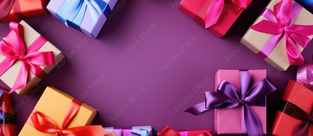 Aufkleber Top view of a close up composition showcasing presents wrapped in colorful paper and adorned with satin bows capturing the traditional attributes of Valentine s Day The image offers copy space and se