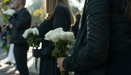 People in black clothes with white rose flowers outdoors, closeup. Funeral ceremony