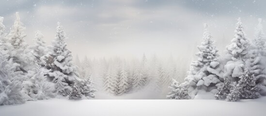 Obraz premium A winter themed display featuring a white podium adorned with fir trees and falling snow perfect for showcasing products during the holidays New Year and Christmas Copy space image