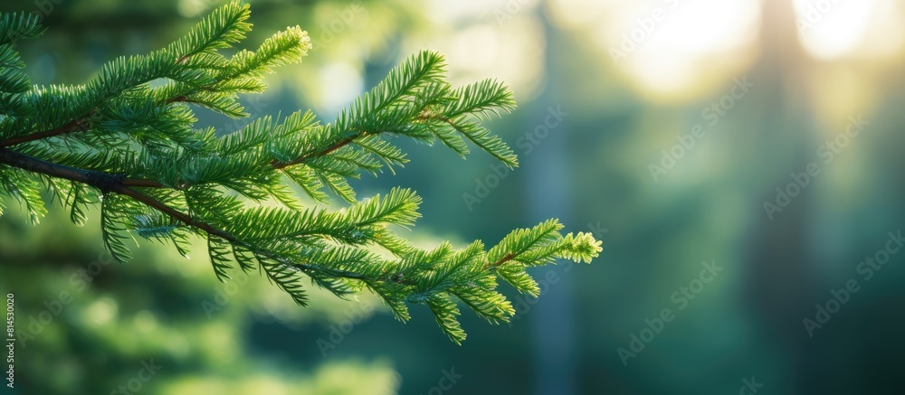 Poster Soft sunlight illuminates a close up of a vibrant green spruce tree branch in a forest setting providing ample copy space for additional content